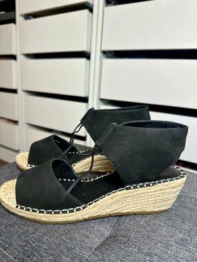Eileen Fisher Black Leather Espadrille Wedge Sandals Size 9 NWT Platform Jute